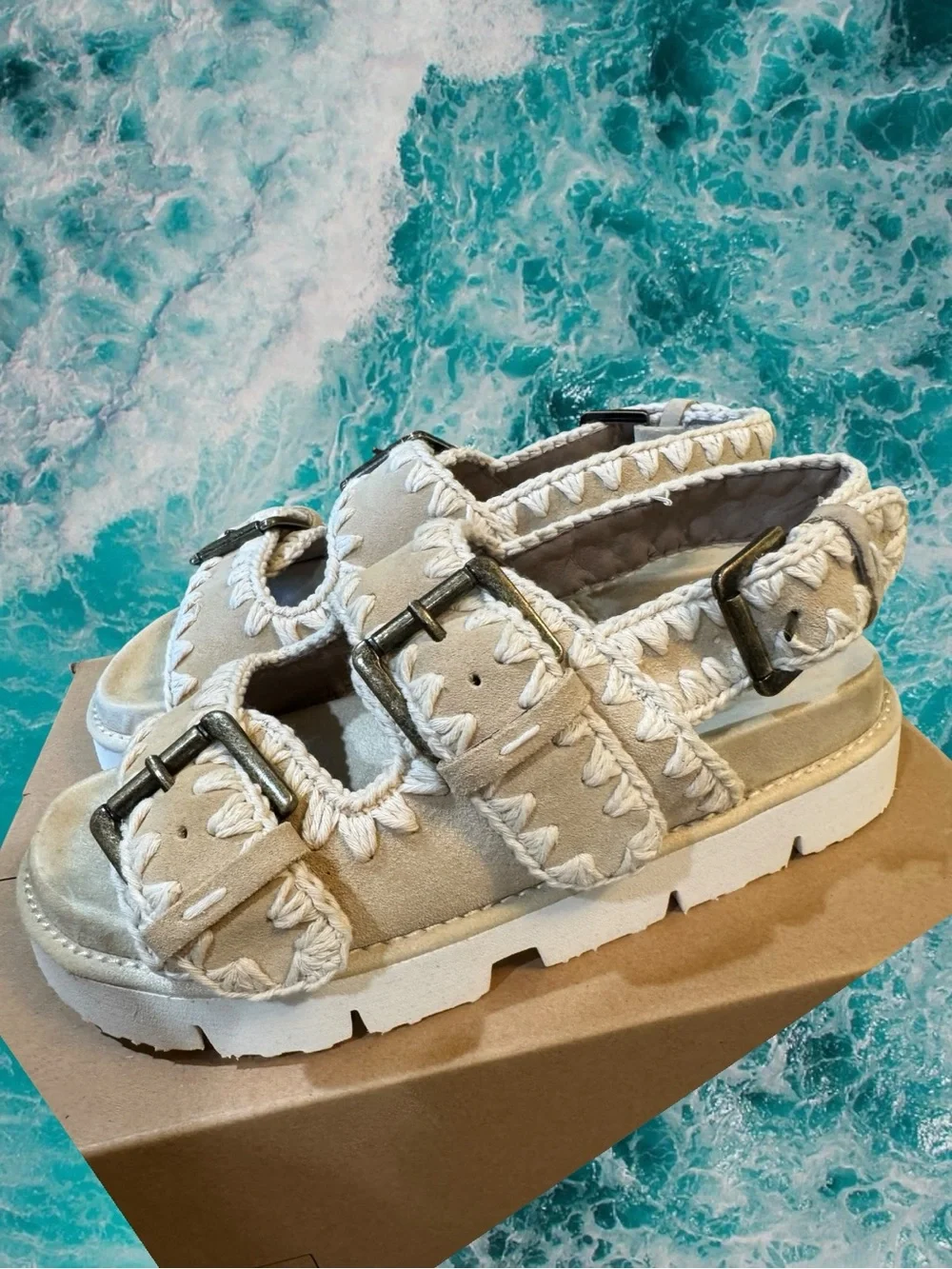 NIB MOU Bio Crochet Suede Buckle Sandals Platform Footbed Slingback Size 39